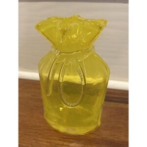 Vintage Neon Yellow Hand Blown Art Glass Sack Bag Vase With String 7 1/2"